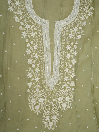 Women Hand Embroidered Premium Chikankari Mul Chanderi Unstitched Kurta Dupatta Bottom Set-ALSCA85201FS Green