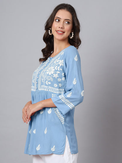 Women Hand Embroidered Chikankari Rayon Kurti with Pockets-AL3696 Blue