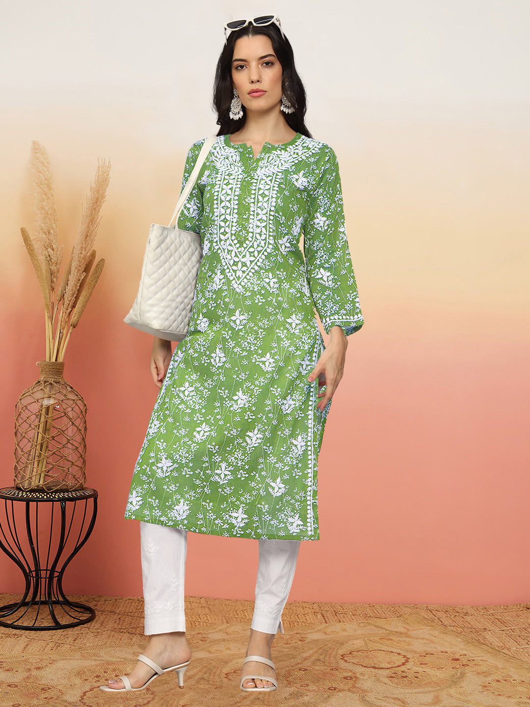 Women Hand Embroidered Chikankari Mulmul Cotton Printed Kurta-AL4041 Green