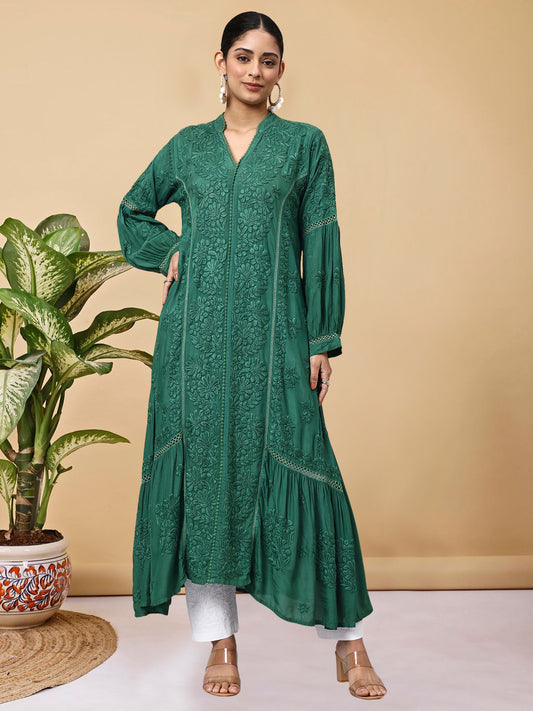 Hand Embroidered Chikankari Muslin Kurta-AL4100 Green