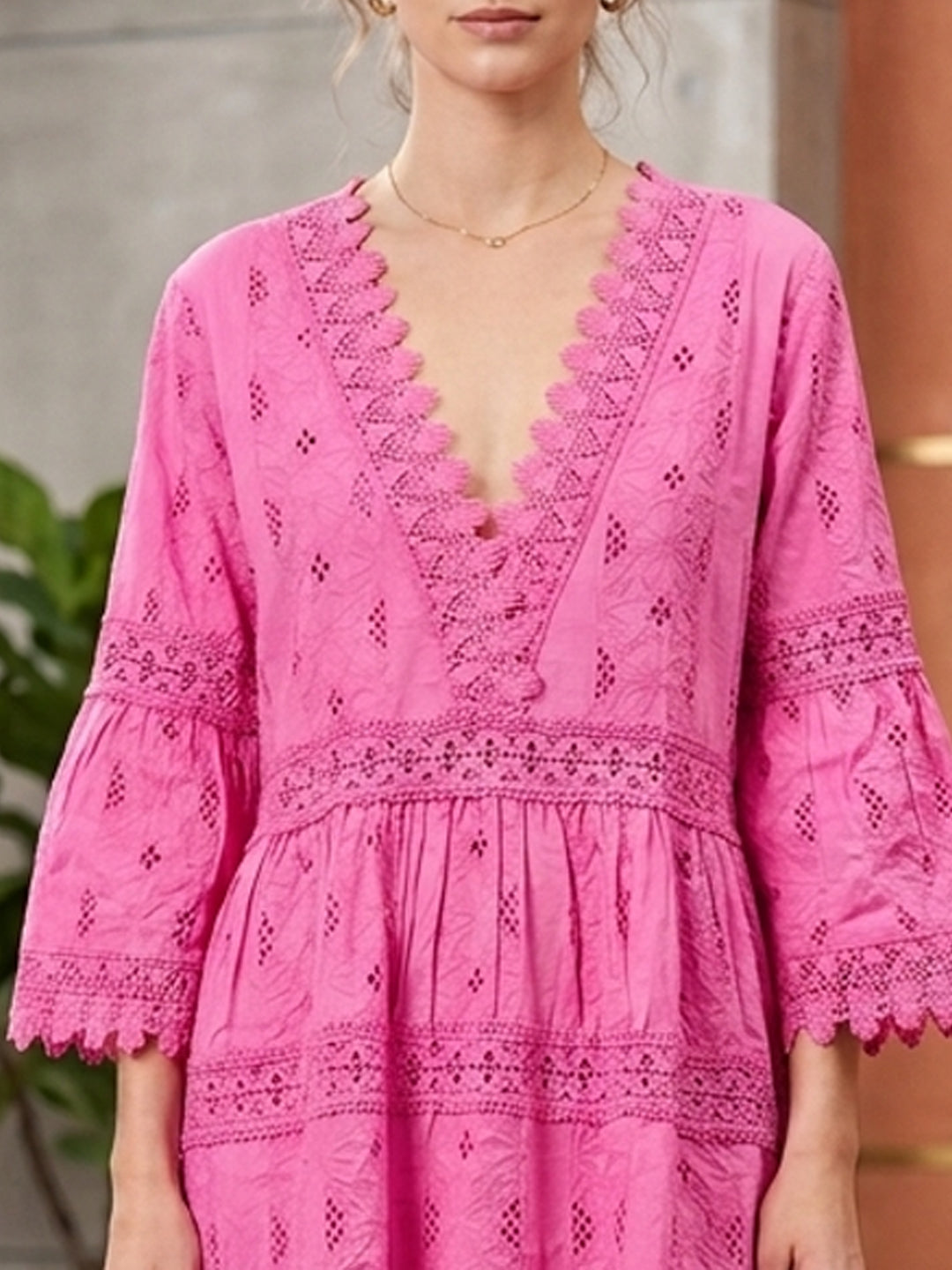Women Embroidered  Scalloped Lace Trim Cotton Midi Dress -AL3703 Pink