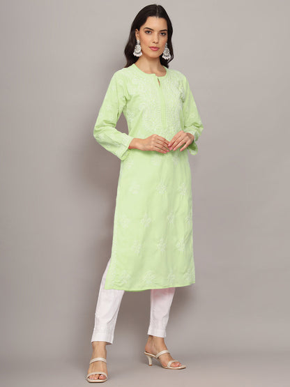 Women Hand Embroidered Chikankari Cotton Kurta-AL4043 Green