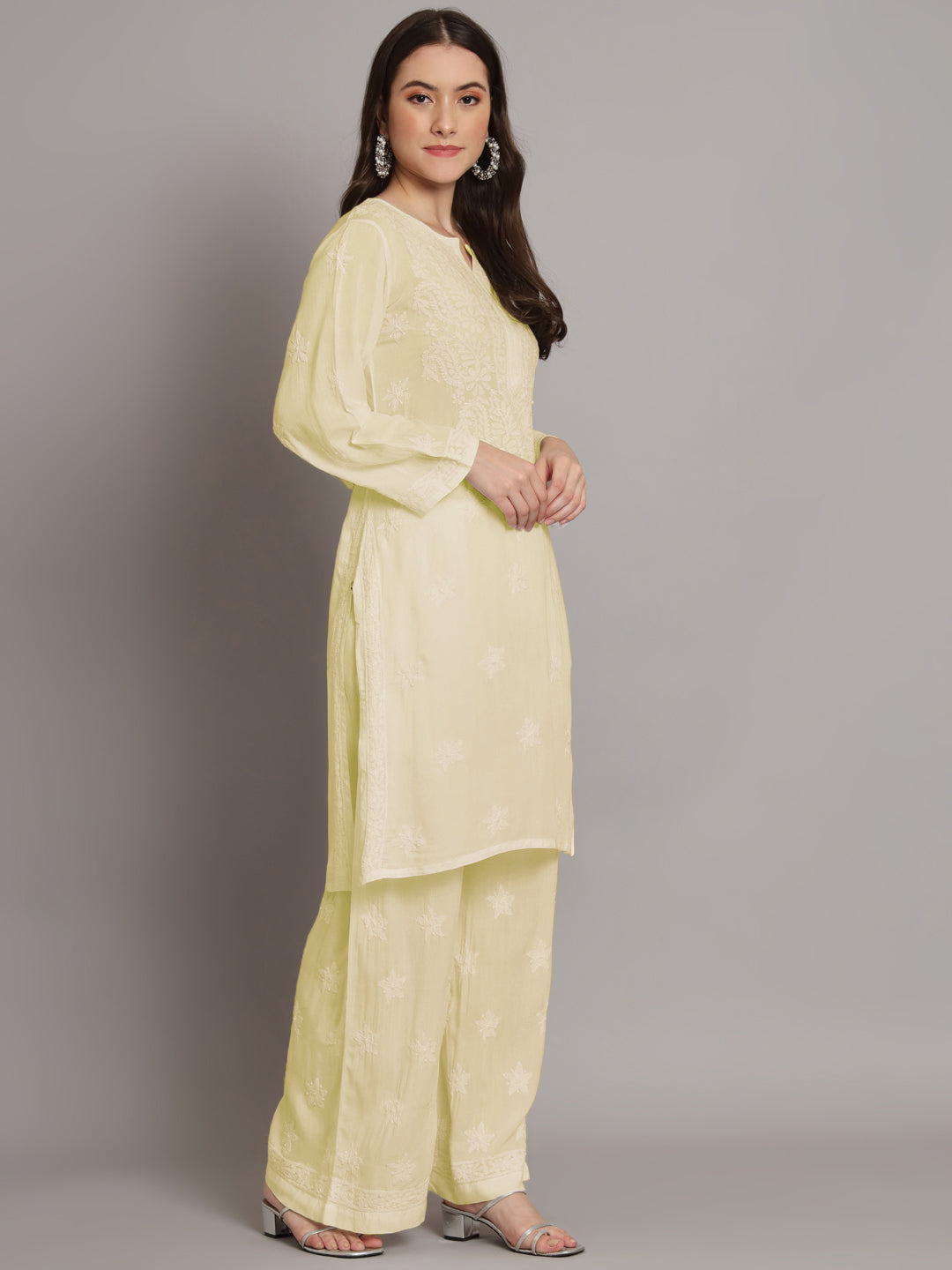 Hand Embroidered Chikankari Modal Kurta with Palazzo- AL3662KS Lemon