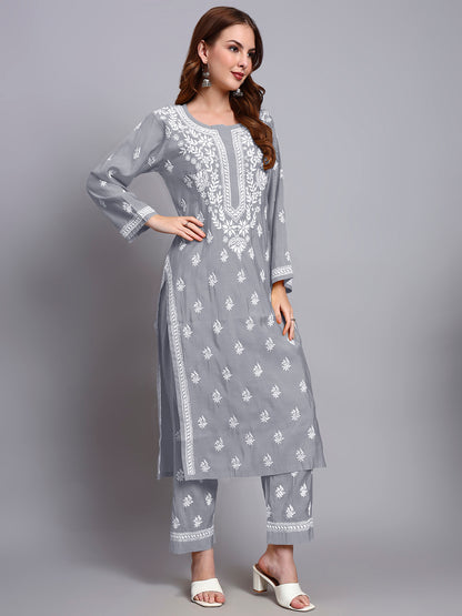 Women Hand Embroidered Chikankari Chanderi Kurta Set-AL4089KS Grey