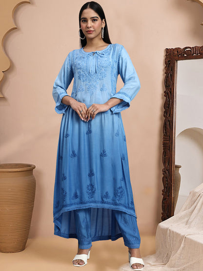Women Hand Embroidered Chikankari Muslin Kurta Set-AL4101KS Blue
