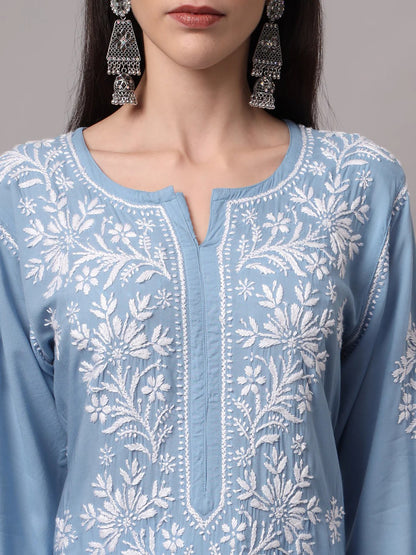 Women Hand Embroidered Chikankari Modal Kurta-AL4059 Denim