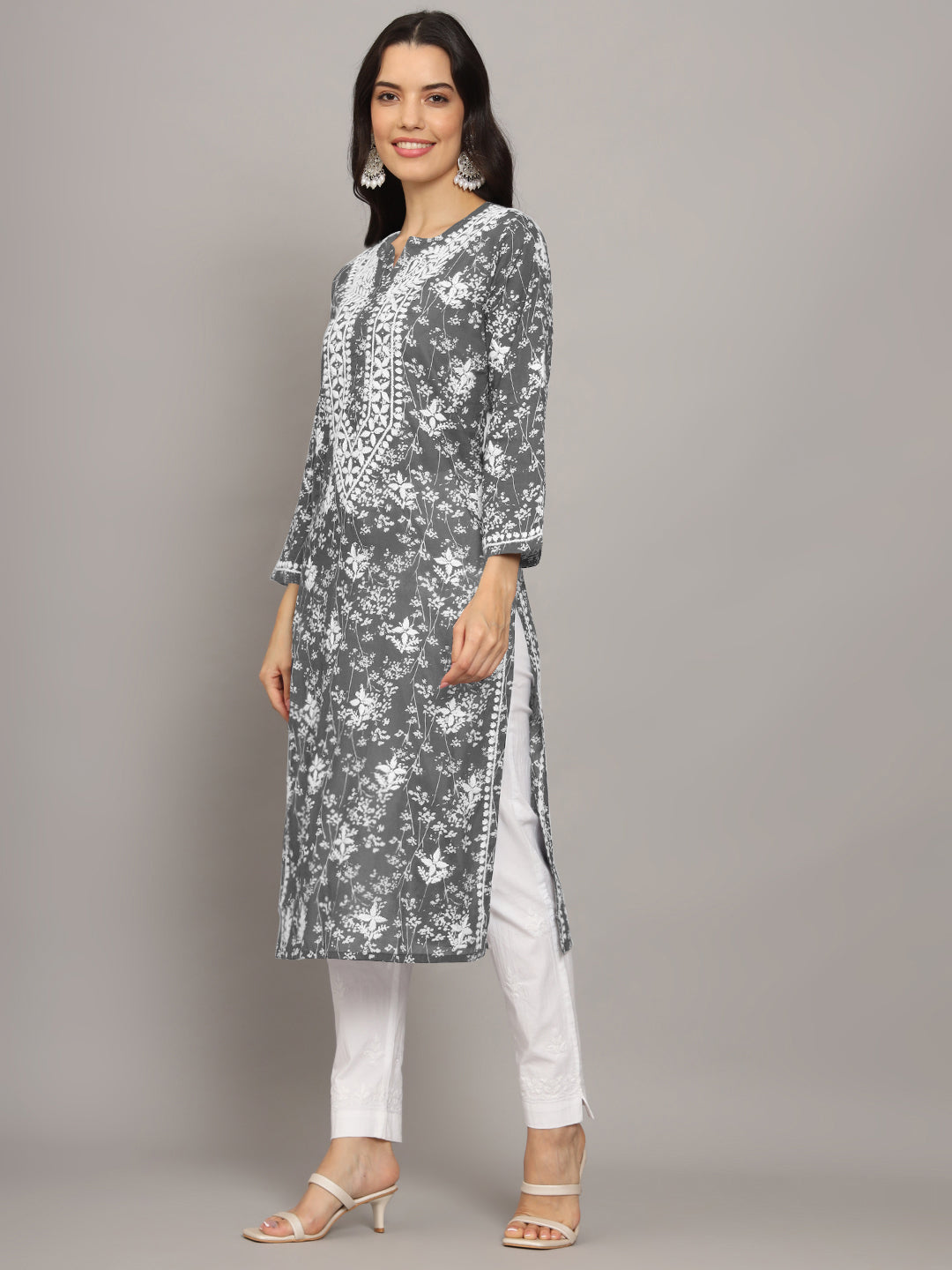 Women Hand Embroidered Chikankari Mulmul Cotton Printed Kurta-AL4041 Grey