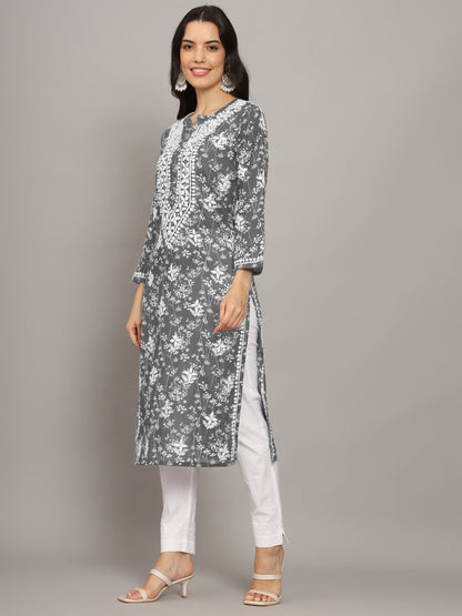 Women Hand Embroidered Chikankari Mulmul Cotton Printed Kurta-AL4041 Grey