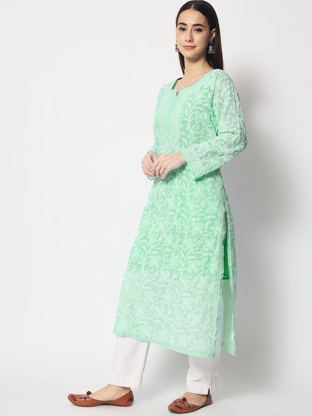 Women Hand Embroidered Chikankari Cotton Straight Kurta- AL3592 Darkseagreen