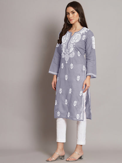 Hand Embroidered  Chikankari Cotton Straight Kurta- AL3561 Grey