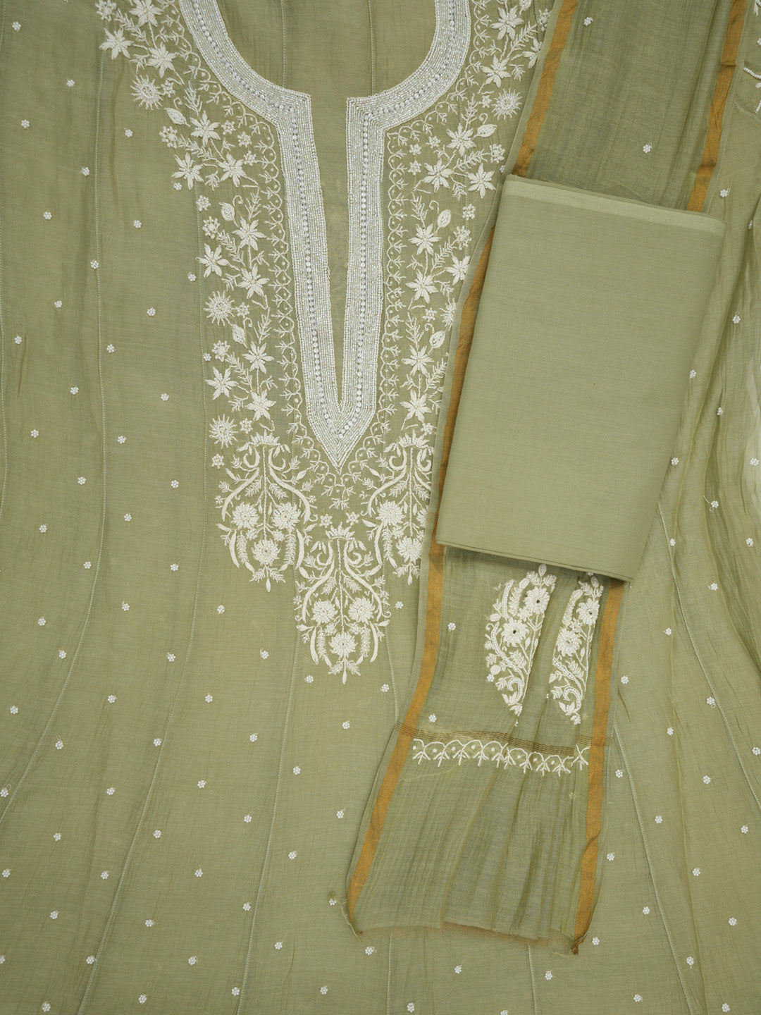 Women Hand Embroidered Premium Chikankari Mul Chanderi Unstitched Kurta Dupatta Bottom Set-ALSCA85201FS Green