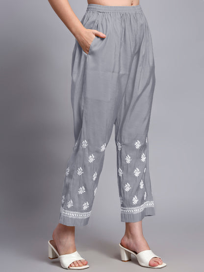 Women Hand Embroidered Chikankari Chanderi Kurta Set-AL4089KS Grey