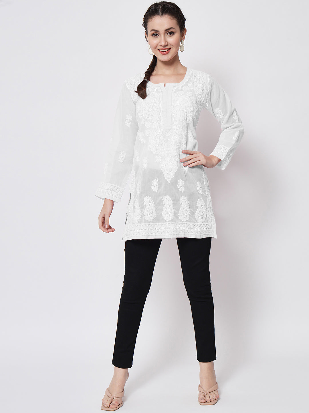 Hand Embroidered Chikankari Cotton Straight Kurti-AL3595 White