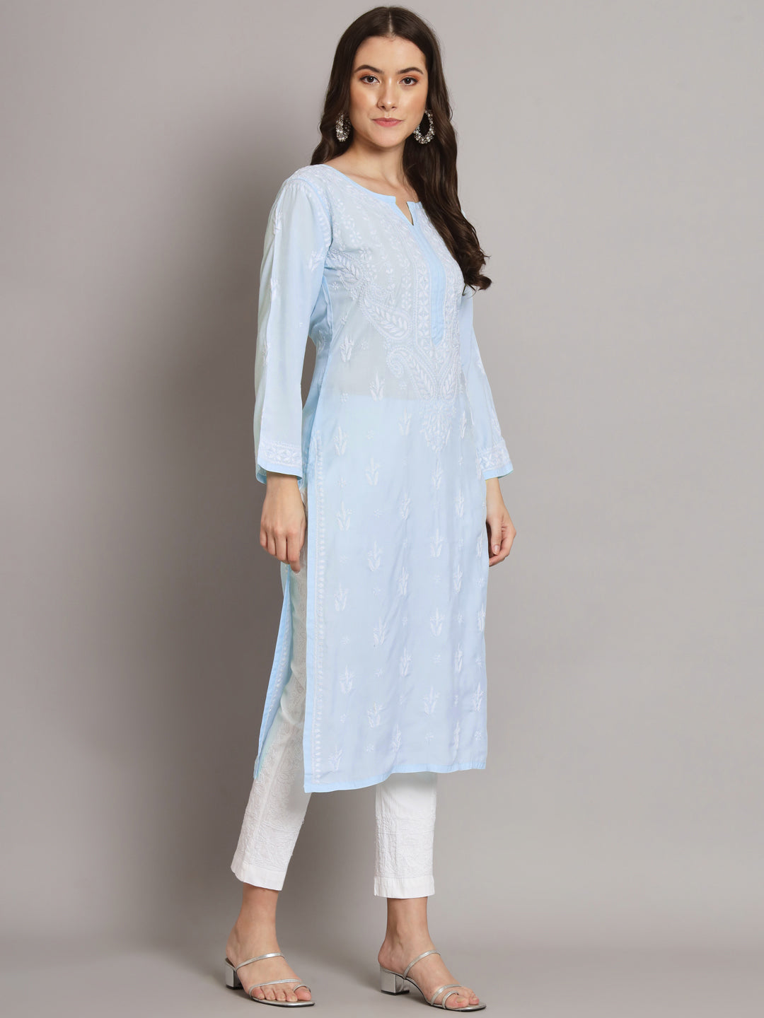 Women Hand Embroidered Chikankari Modal Kurta-AL3584 Skyblue