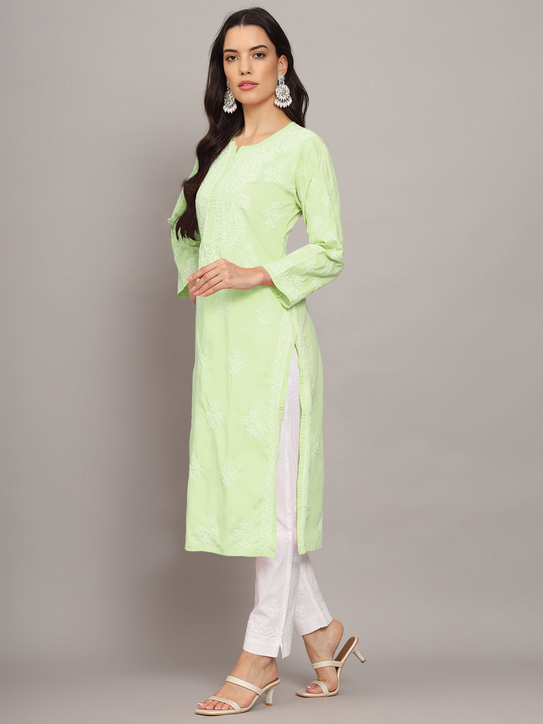 Women Hand Embroidered Chikankari Cotton Kurta-AL4043 Green