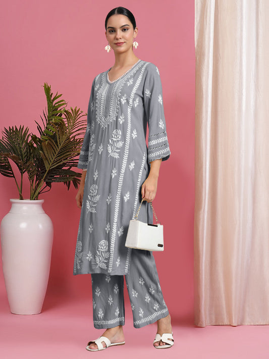 Women Hand Embroidered Lucknowi Chikankari Rayon Kurta Set-AL4078KS Grey