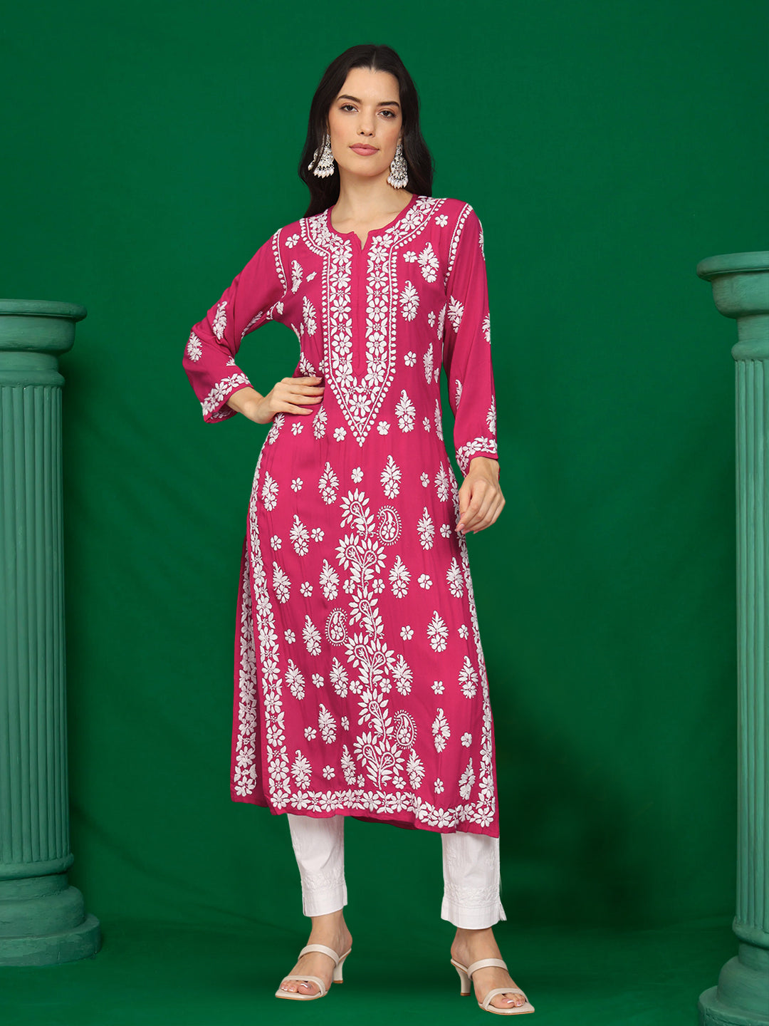 Women Chikankari Hand Embroidered Modal Kurta -AL4042 Magenta
