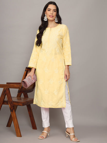 Women Hand Embroidered Chikankari Cotton Kurta-AL4043 Yellow