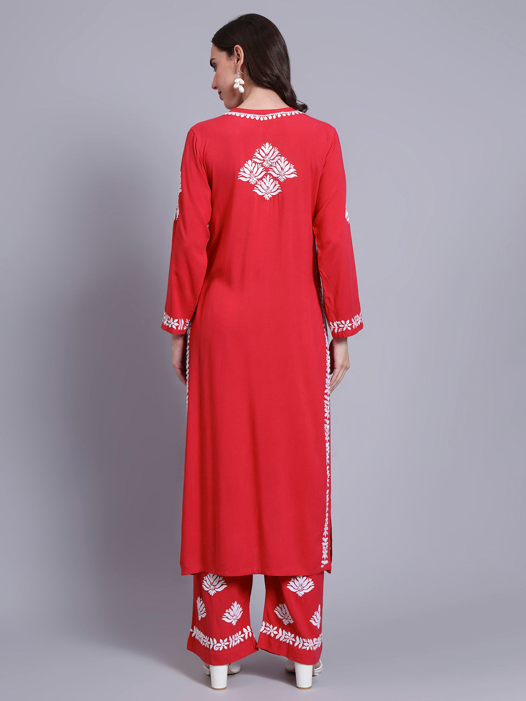 Women Hand Embroidered Chikankari Rayon Kurta Set-AL4084KS Red