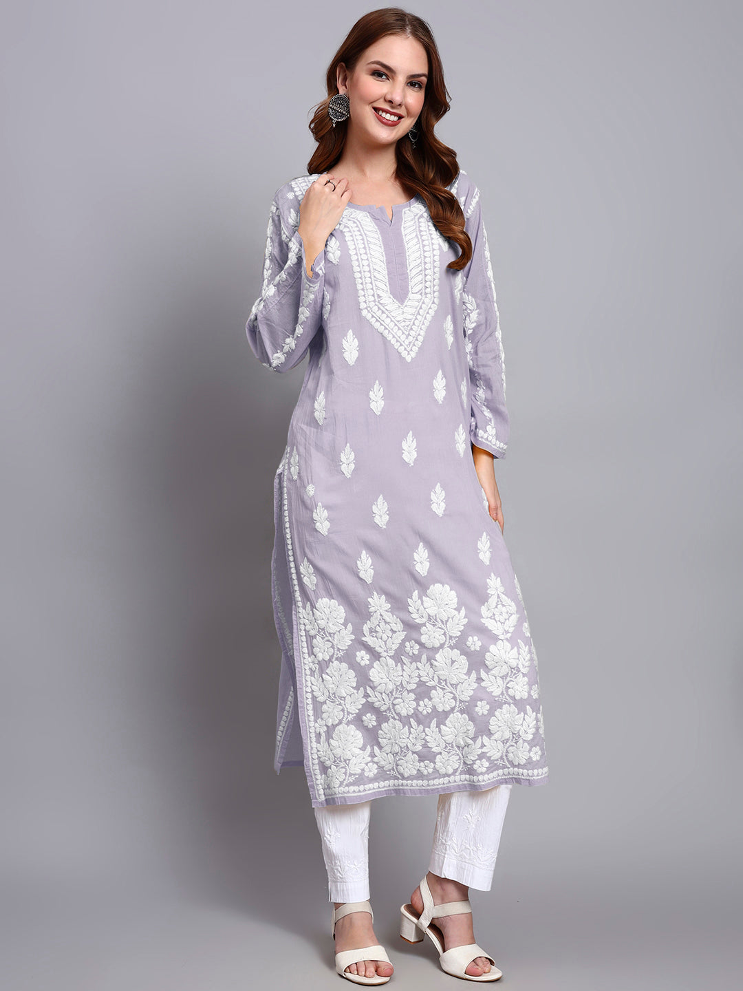 Women Hand Embroidered Chikankari Mulmul Kurti -AL3723 Mauve