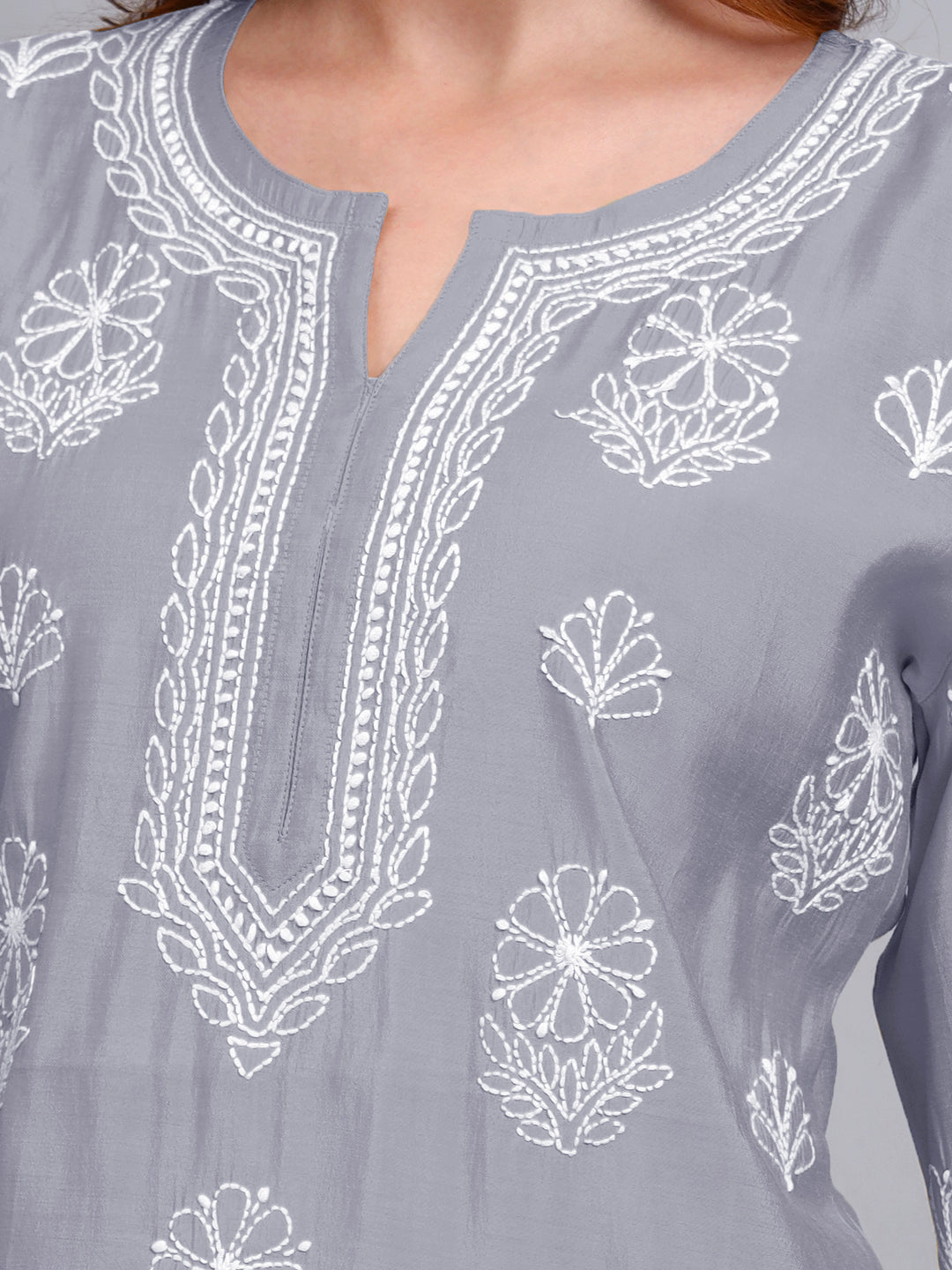 Women Hand Embroidered Chikankari Chanderi Short Kurti-AL4090 Grey