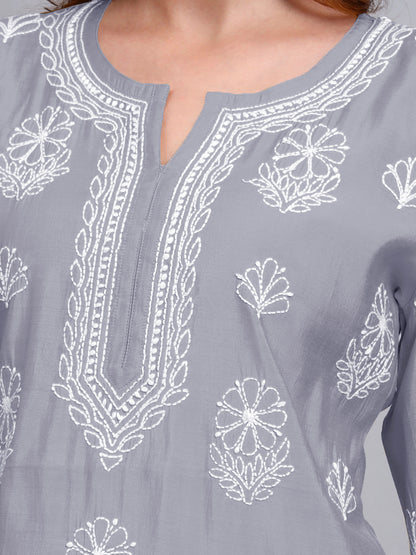 Women Hand Embroidered Chikankari Chanderi Short Kurti-AL4090 Grey
