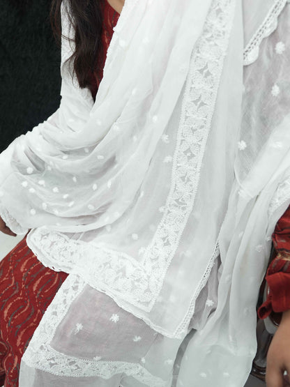 Women Hand Embroidered Chiffon Chikankari Dupatta-AL4097