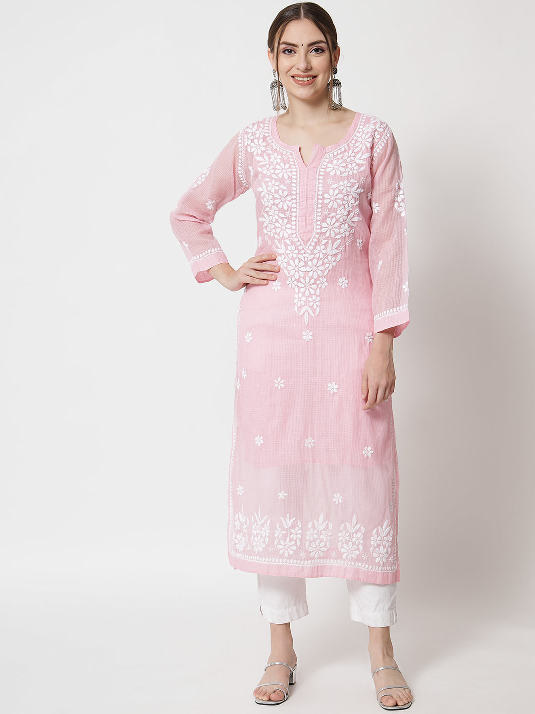Hand Embroidered Chikankari Kota Straight Kurta With Slip-AL3540 Babypink