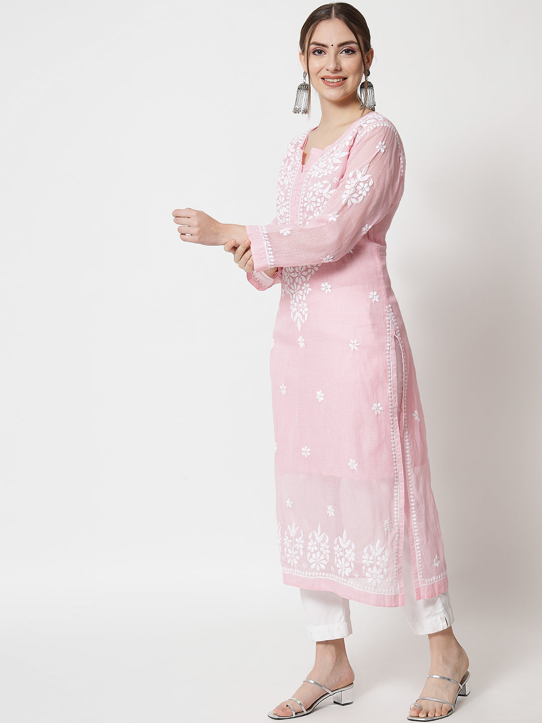 Hand Embroidered Chikankari Kota Straight Kurta With Slip-AL3540 Babypink