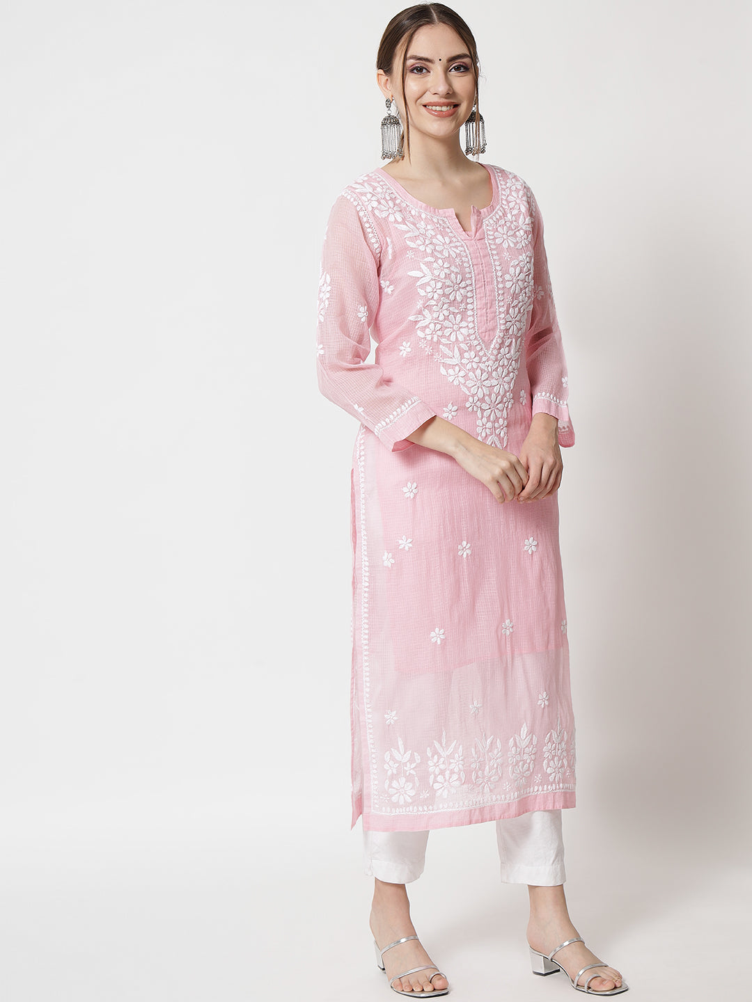 Hand Embroidered Chikankari Kota Straight Kurta With Slip-AL3540 Babypink