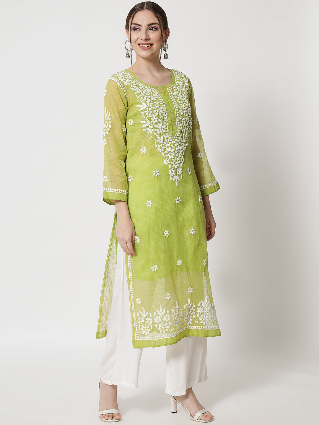 Hand Embroidered Chikankari Kota Straight Kurta With Slip-AL3540 Parrotgreen