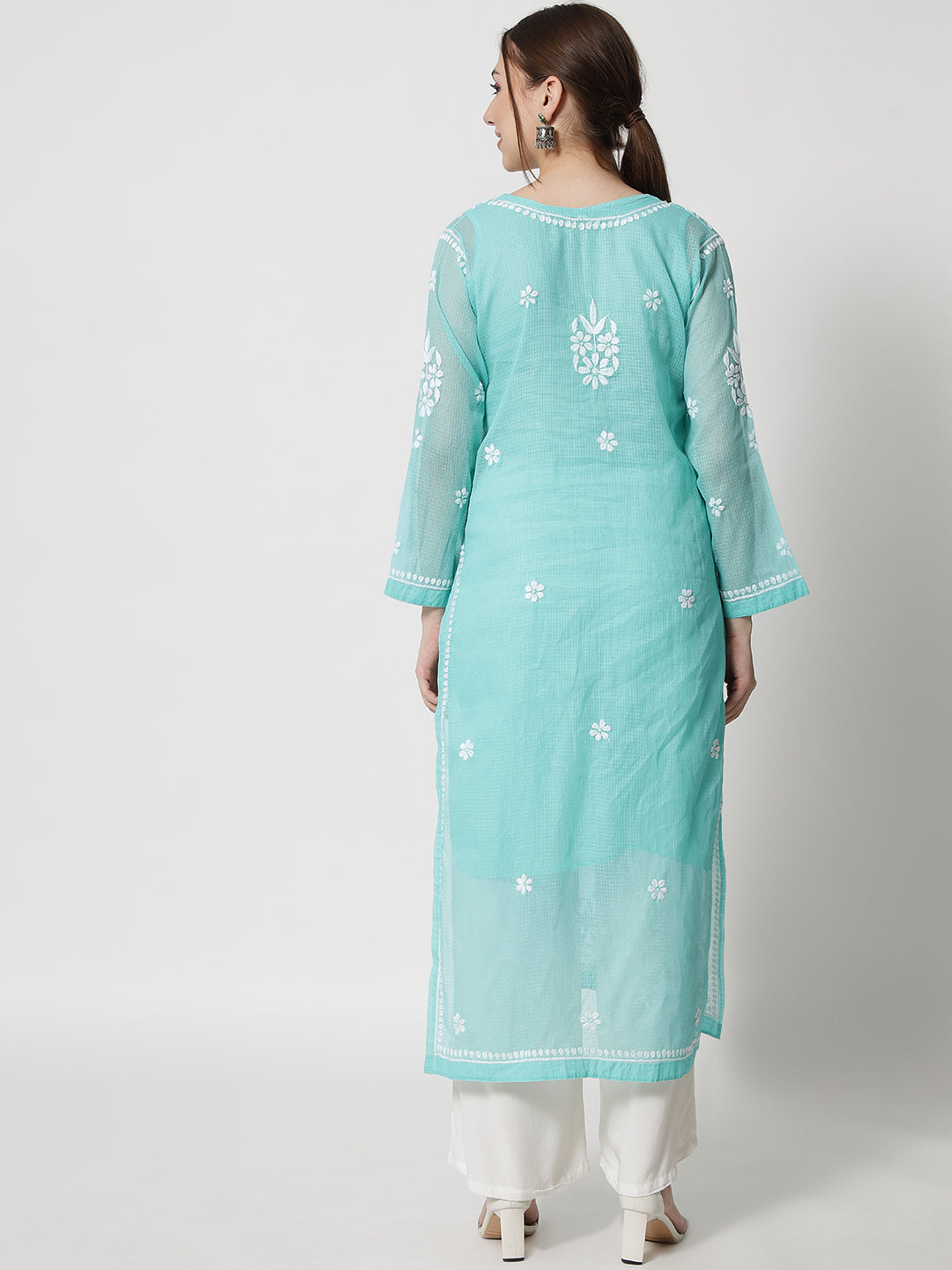 Hand Embroidered Chikankari Kota Straight Kurta With Slip-AL3540 Seagreen