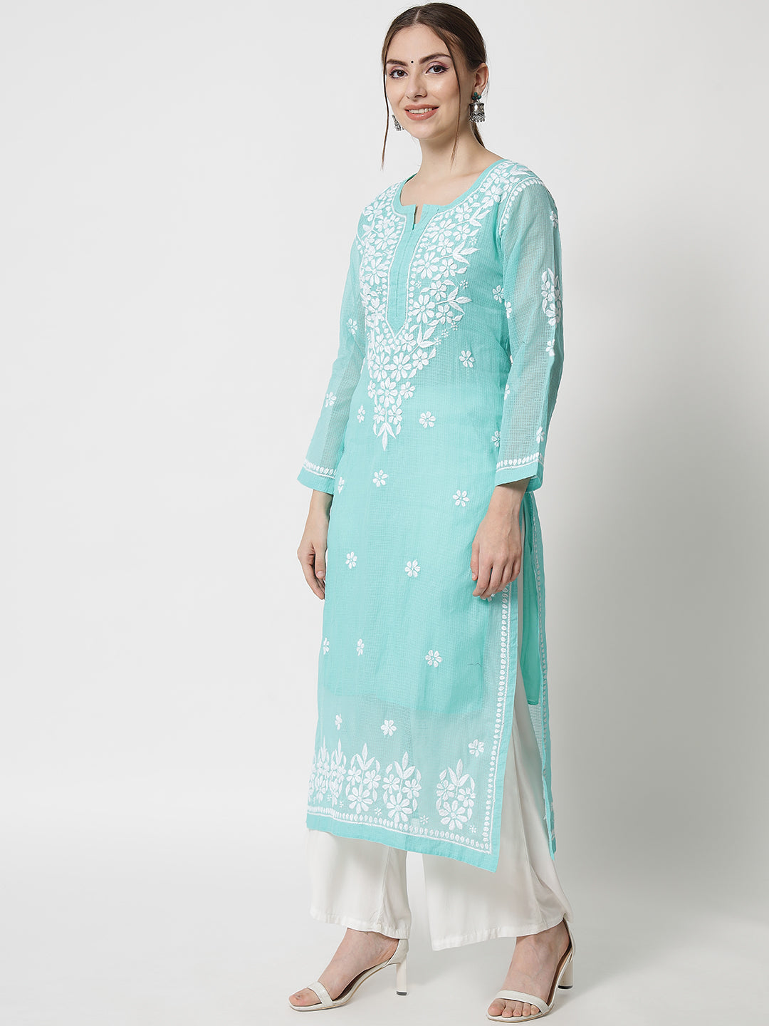 Hand Embroidered Chikankari Kota Straight Kurta With Slip-AL3540 Seagreen