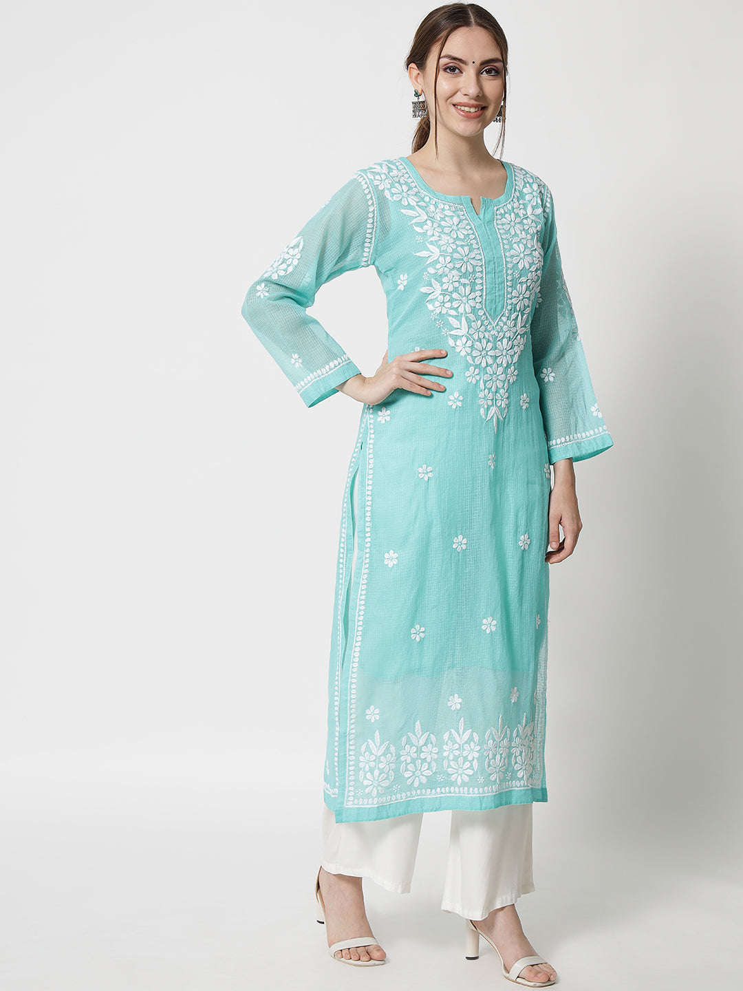 Hand Embroidered Chikankari Kota Straight Kurta With Slip-AL3540 Seagreen