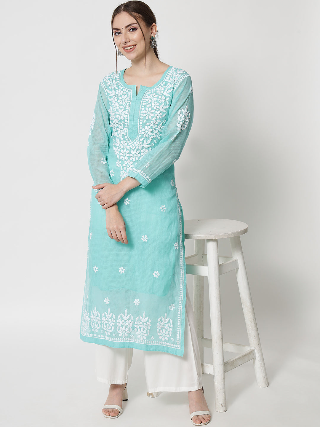 Hand Embroidered Chikankari Kota Straight Kurta With Slip-AL3540 Seagreen