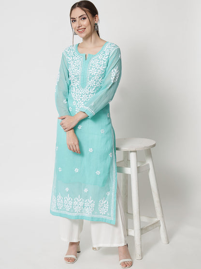 Hand Embroidered Chikankari Kota Straight Kurta With Slip-AL3540 Seagreen