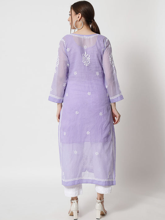 Hand Embroidered Chikankari Kota Straight Kurta With Slip-AL3540 Mauve