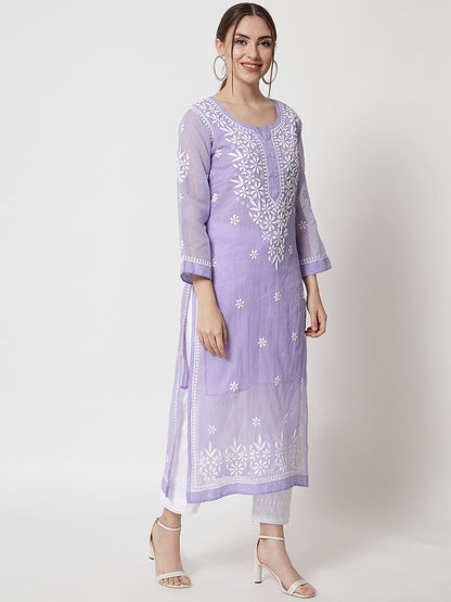 Hand Embroidered Chikankari Kota Straight Kurta With Slip-AL3540 Mauve