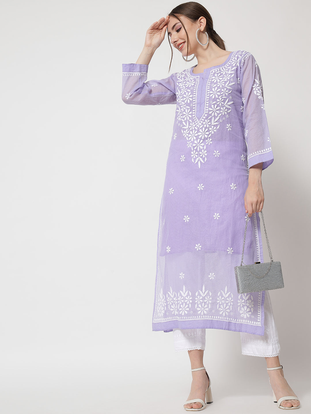 Hand Embroidered Chikankari Kota Straight Kurta With Slip-AL3540 Mauve