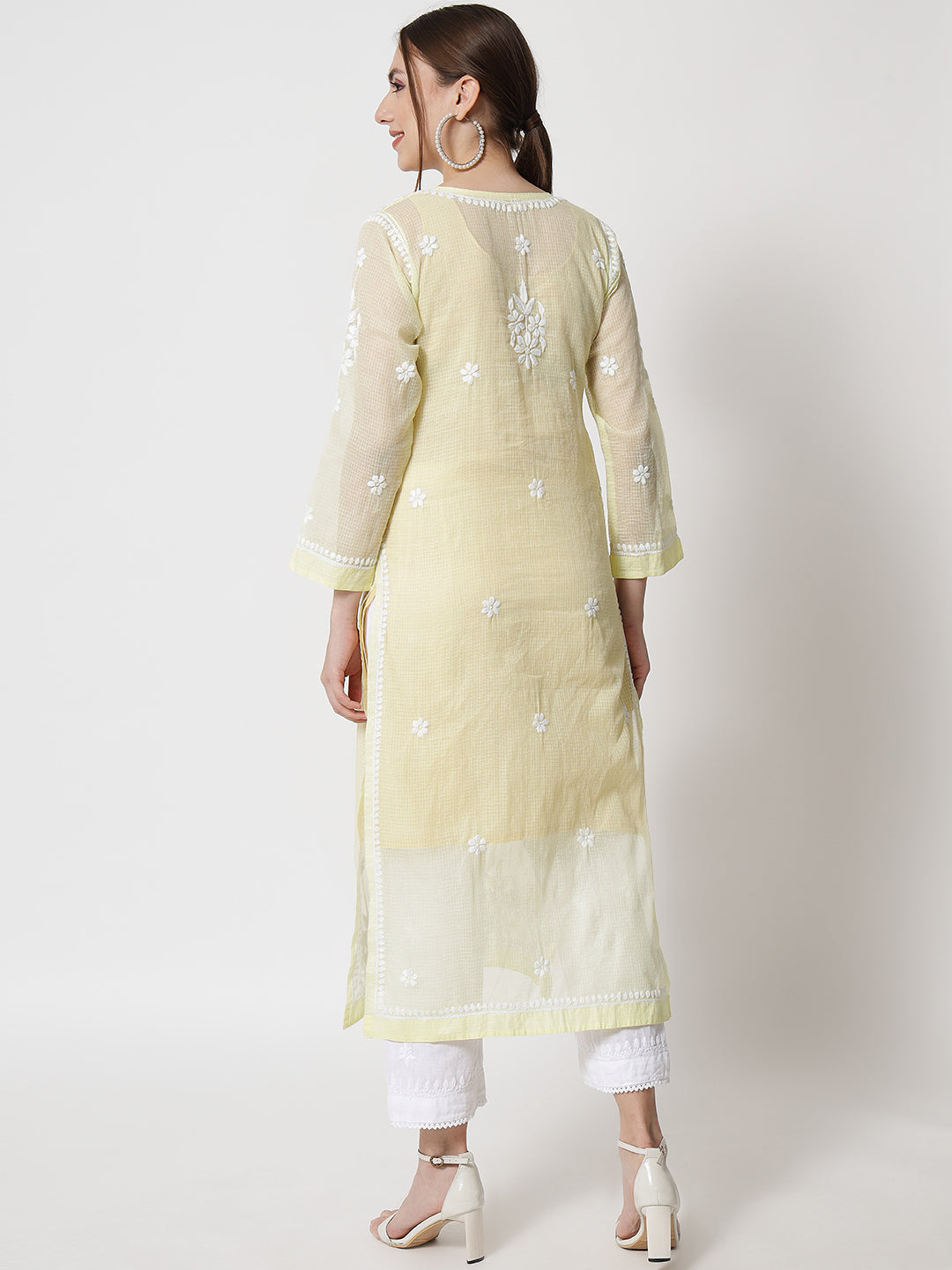 Hand Embroidered Chikankari Kota Straight Kurta With Slip-AL3540 Yellow