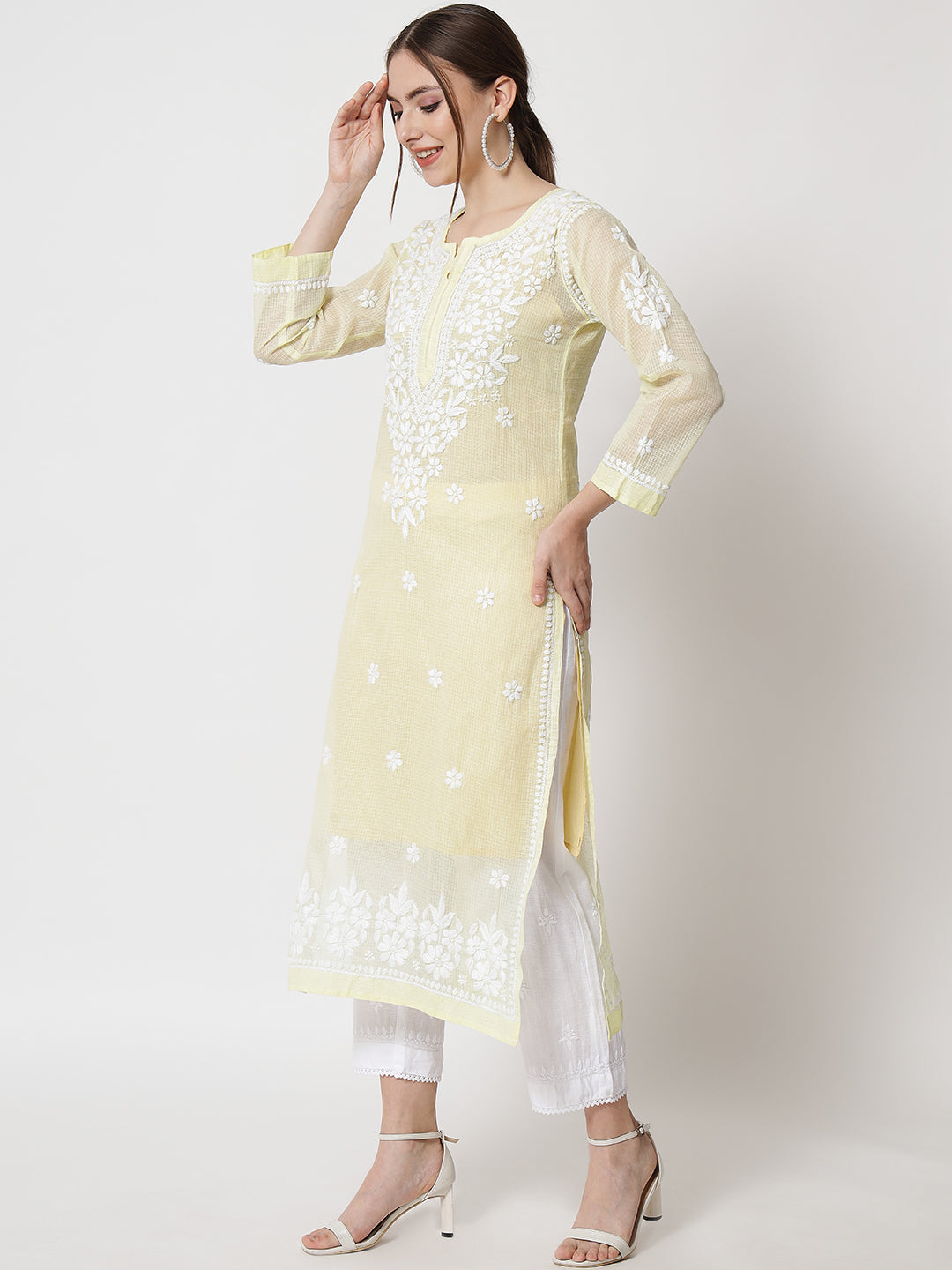 Hand Embroidered Chikankari Kota Straight Kurta With Slip-AL3540 Yellow