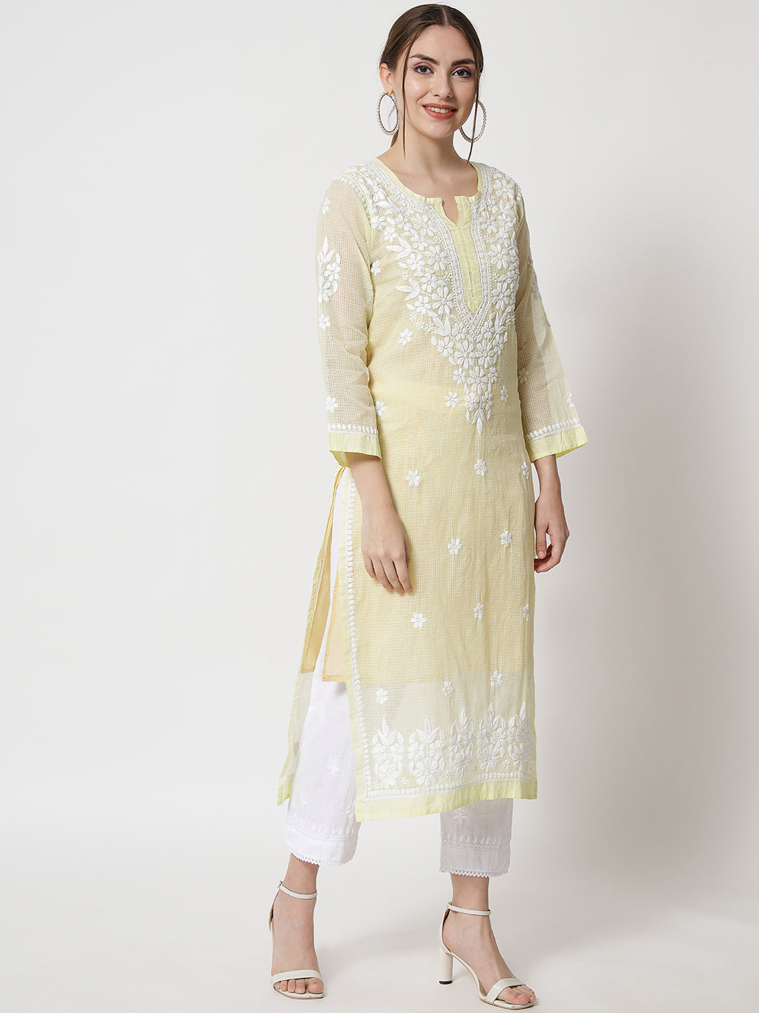 Hand Embroidered Chikankari Kota Straight Kurta With Slip-AL3540 Yellow