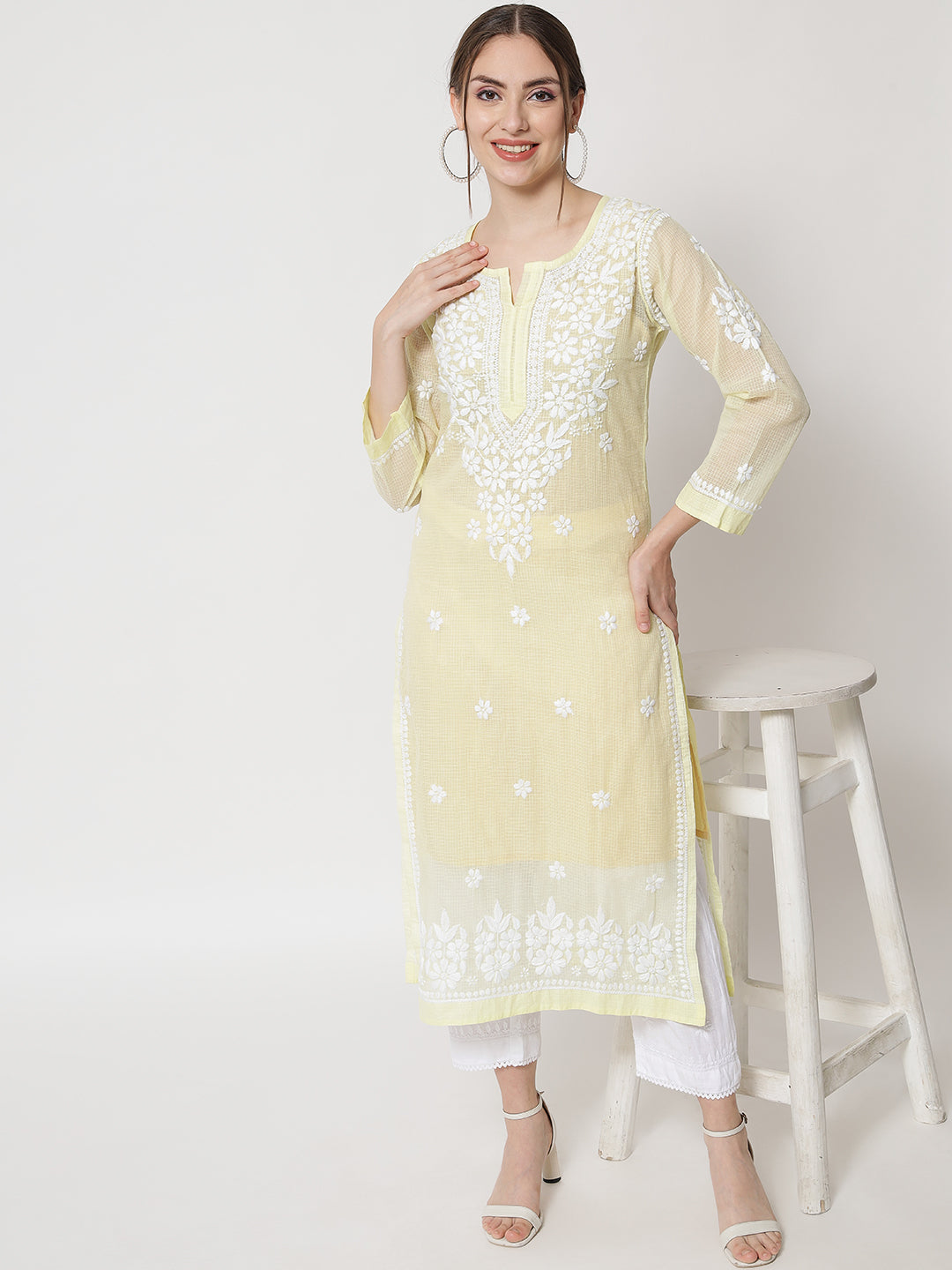 Hand Embroidered Chikankari Kota Straight Kurta With Slip-AL3540 Yellow