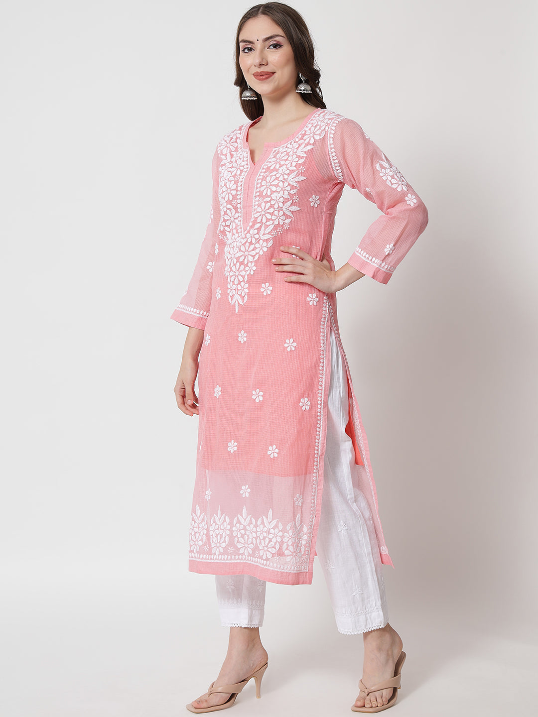 Hand Embroidered Chikankari Kota Straight Kurta With Slip-AL3540 Coral