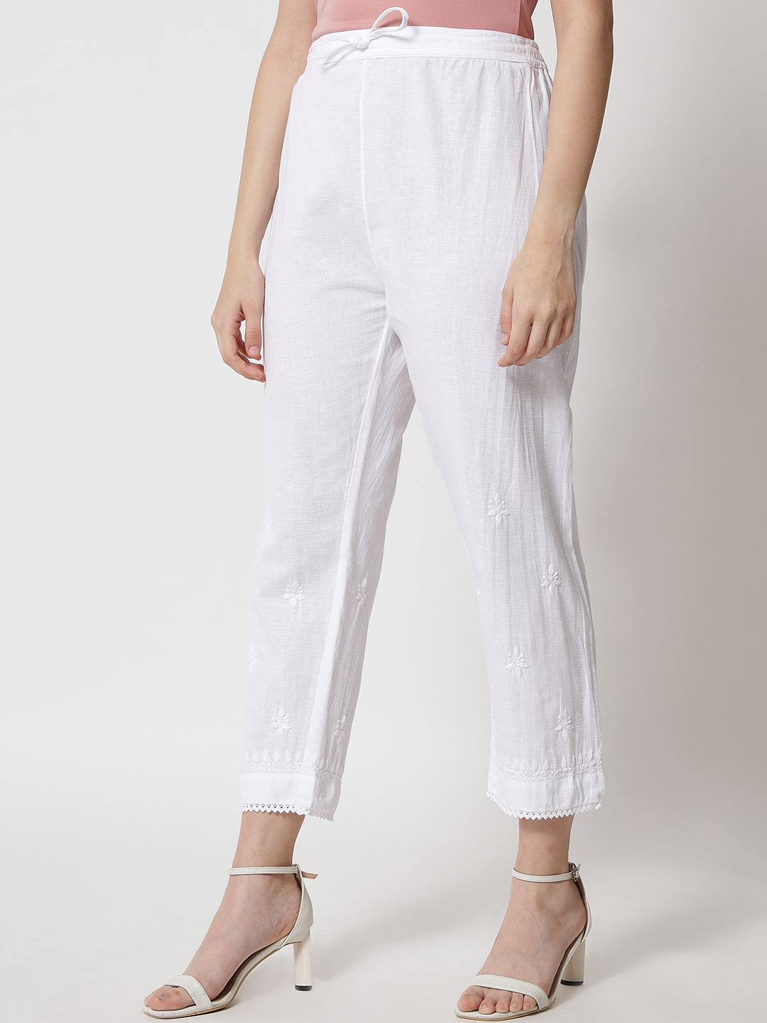 Hand Embroidered Chikankari Women White Pant-AL3539