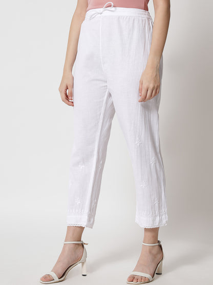 Hand Embroidered Chikankari Women White Pant-AL3539