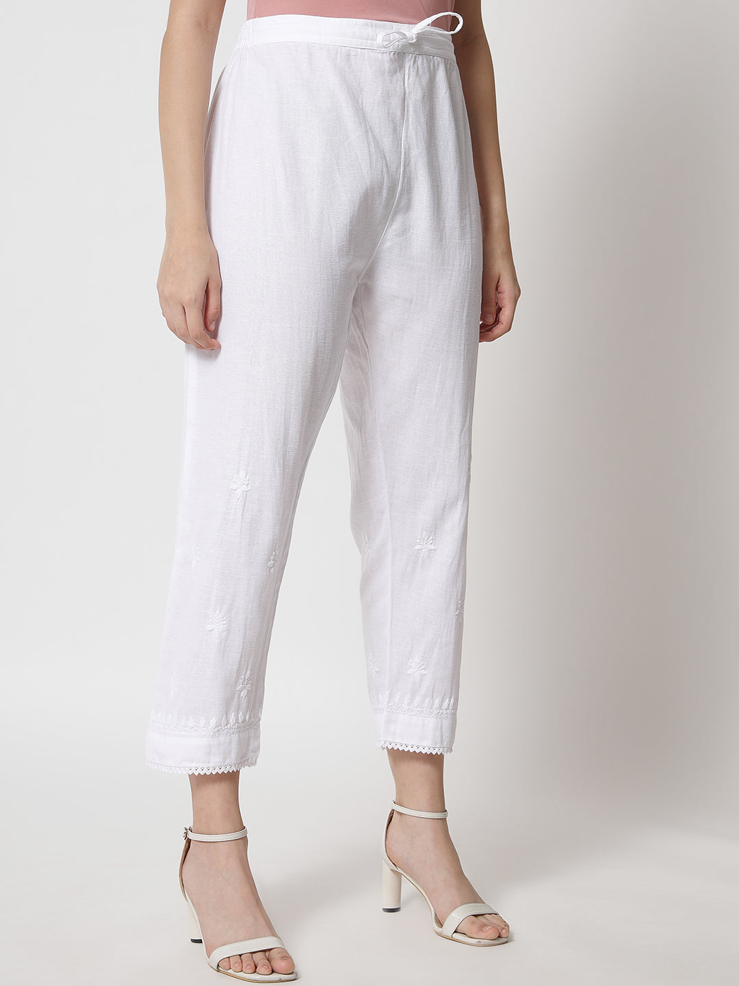 Hand Embroidered Chikankari Women White Pant-AL3539