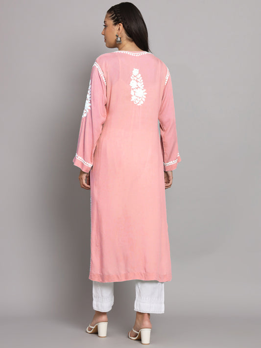 Hand Embroidered Chikankari Modal Straight Kurta-AL3682 Peach