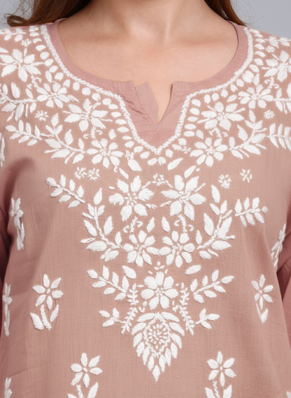 Women Hand Embroidered Chikankari Cotton Kurti -AL3685 Rust