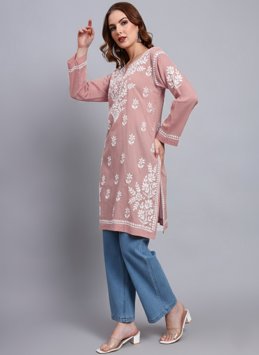 Women Hand Embroidered Chikankari Cotton Kurti -AL3685 Rust